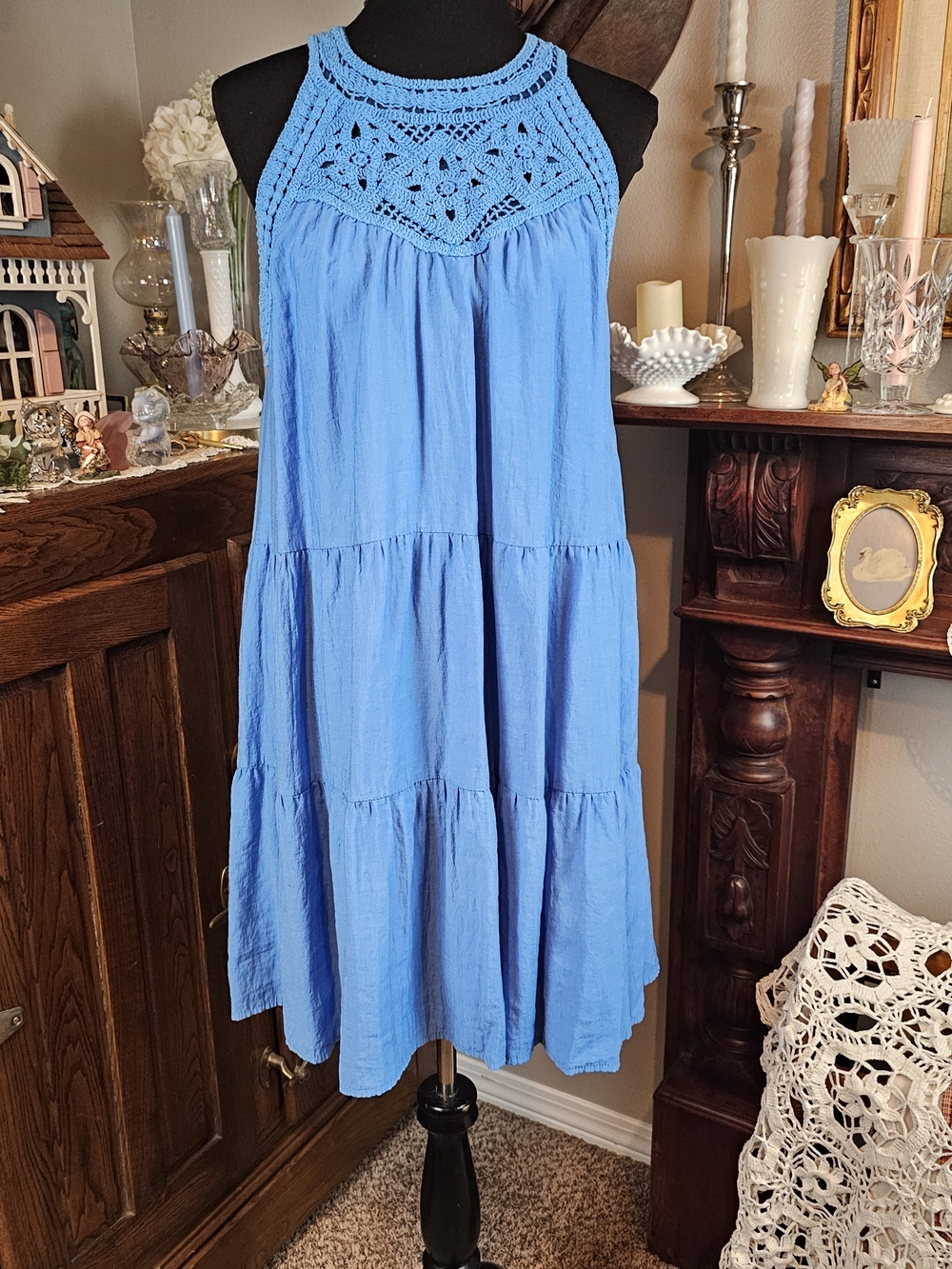 BTFB Blue Tiered Crochet Yoke Sleeveless Midi Dress Large Boho